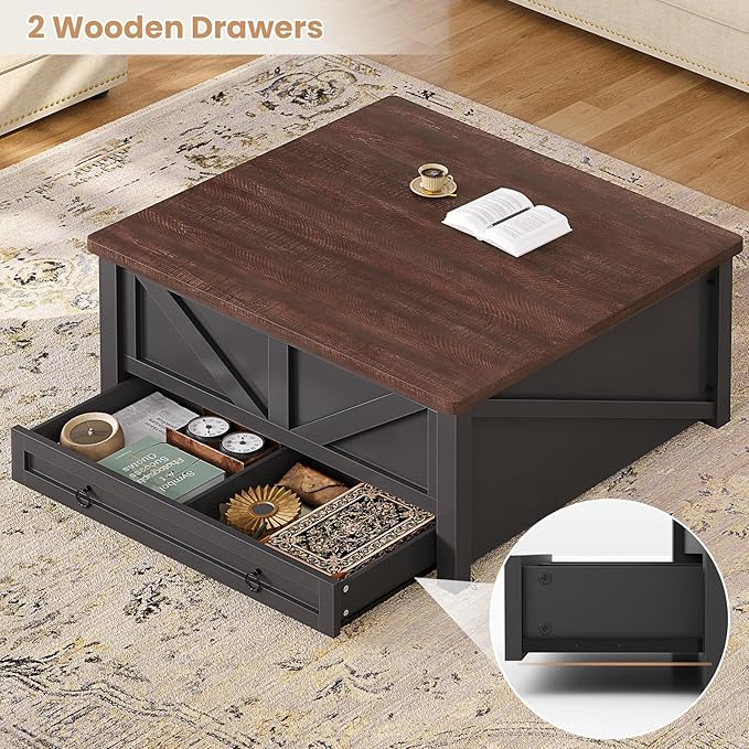 Itaar Wooden Coffee Table, Lift Top Coffee Table with Storage, Square Coffee Tables with Drawers and Hidden Compartment, Center Table for Living Room, Home Office, Black