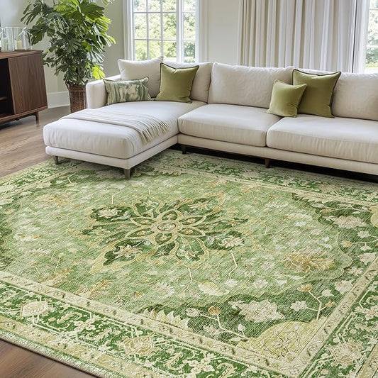 Area Rugs 9'x12' Washable Non-Slip, Floral Vintage Distress Print Pattern Medallion Carpet for Living Room Bedroom Dining Room, Sage Green Yellow