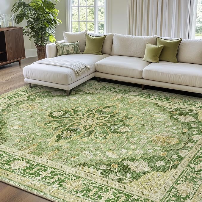 Area Rugs 8'x10' Washable Non-Slip, Floral Vintage Distress Print Pattern Medallion Carpet for Living Room Bedroom Dining Room, Sage Green Yellow