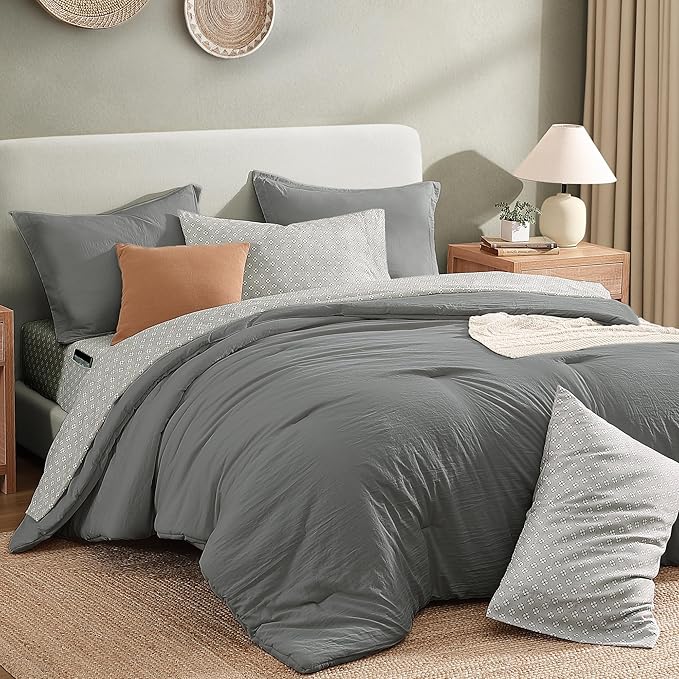Monbix Queen Comforter Set - 7 Pieces Granite Grey Prewashed Bed in a Bag Queen Bedding Sets with Comforters, All Seasons Down Alternative Comforter Bed Set with Sheets,Pillowcases & Shams