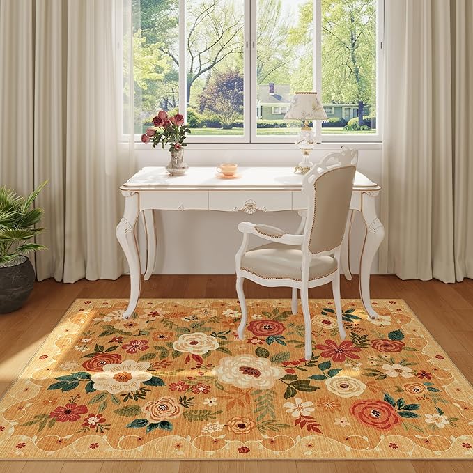 DUKINO 3x5 Area Rug, Floral Rugs for Living Room, Lightweight Non Slip Washable Rug, Indoor Low Pile & Non-Shedding Boho Design Rugs for Bedroom, Living Room, Dining Room, Orange