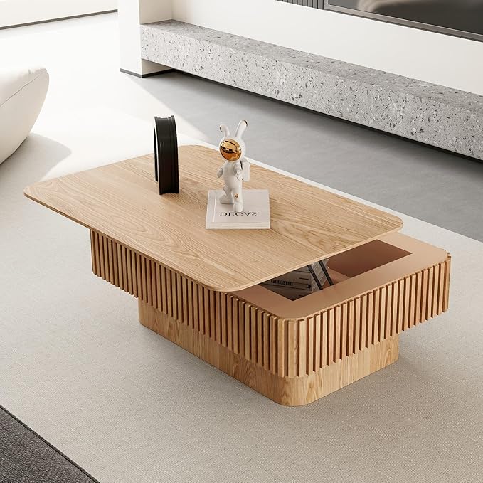 Lift Top Coffee Table for Living Room, Accent Fluted Coffee Table with Storage, Modern Solid Wood Veneered Rectangle Center Tea Table for Small Space Apartment (38.6''D×14''H-Natural)
