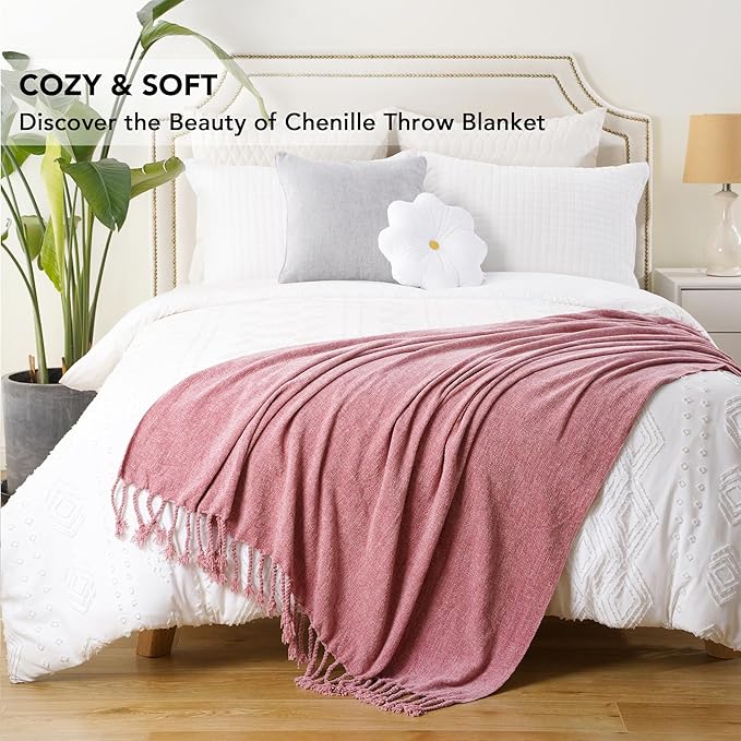 BATTILO HOME Chenille Throw Blanket for Couch, Soft Cozy Throw Blanket with Fringe Tassels, Lightweight Knitted Throw for Spring Summer, Pink, 50"x60"