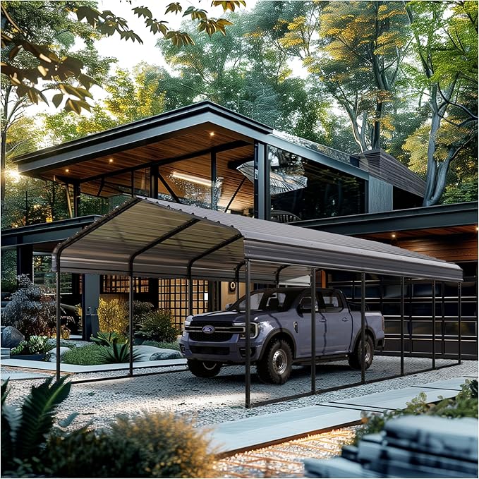 MFSTUDIO Carport 12x25 ft, Outdoor Heavy Duty Metal Shed Carports, Metal Garage Car Shelter Shade Car Port with Galvanized Roof, Frame and Bolts for Cars, Truck and Boats