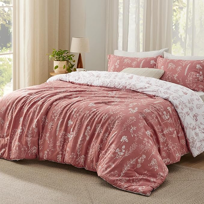 Bedsure Full Comforter Set - Grayish Pink Bed Set, 3 Pieces Cute Floral Bedding, 1 Soft Reversible Botanical Flowers Comforter and 2 Pillow Shams