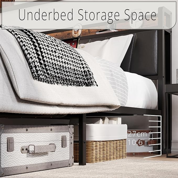 LIKIMIO King Bed Frame, Storage Headboard with Charging Station, Solid and Stable, Noise Free, No Box Spring Needed, Easy Assembly (Vintage and Black)