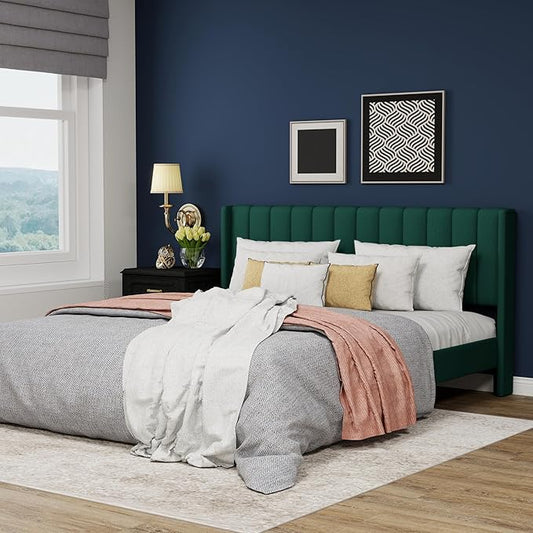 Upholstered Platform King Size Bed Frame with Headboard Wooden Slats Support No Noise Easy Assembly Green Velvet