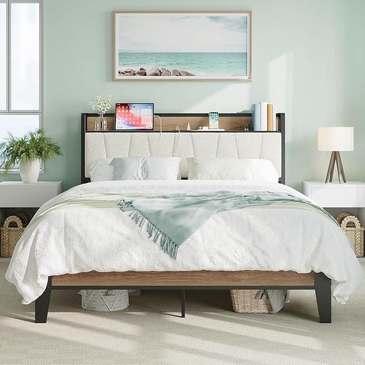 LIKIMIO Queen Bed Frames, Storage Headboard with Charging Station, Solid and Stable, Noise Free, No Box Spring Needed, Easy Assembly, Wood and Cream