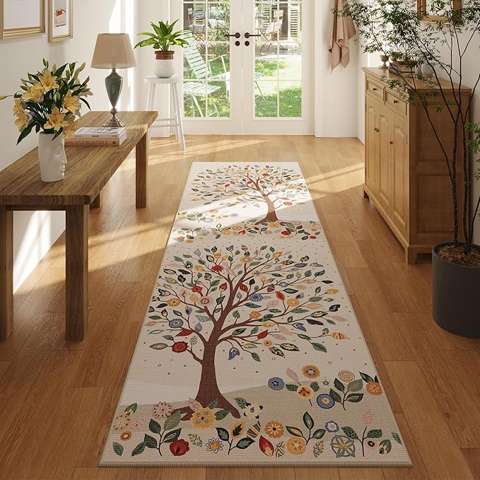 Runner Rug for Kitchen Rug Non Slip 2'6"x8' Washable Rugs Bohemian with Rubber Backing Floral Tree Soft Carpet for Kitchen, Laundry, Bedroom, Bathroom, Beige