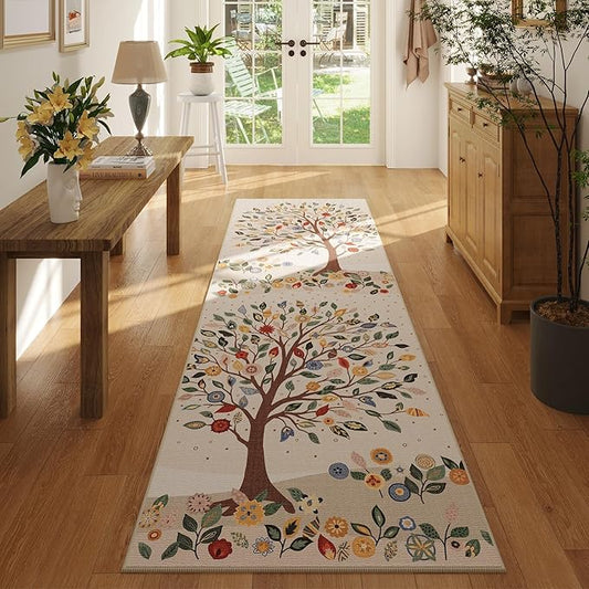 Runner Rug for Kitchen Rug Non Slip 2'6"x8' Washable Rugs Bohemian with Rubber Backing Floral Tree Soft Carpet for Kitchen, Laundry, Bedroom, Bathroom, Beige