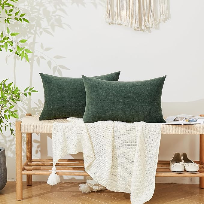 GAWAMAY Decorative Rectangle Throw Pillow Covers Lumbar Support Pillow 12"x20" Inch Set of 2, Soft Chenille Pillowcase for Living Room Bedroom Sofa Couch Cushion Cover Dark Green 30x50cm (No Insert)