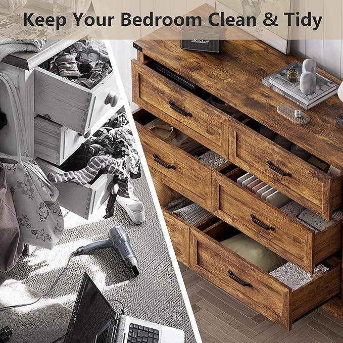 6-Drawer Dresser for Bedroom – 47" Wide Modern Wooden Chest with Natural Wood Texture, TV Stand & Storage, Metal Corner Brackets, Wood Drawer Organizer for Living Room, Hallway