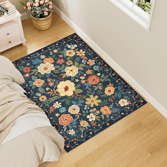 DUKINO 3x4 Area Rug, Lightweight Non Slip Washable Floral Rug, Indoor Low Pile & Non-Shedding Boho Design Carpets for Bedroom, Kitchen, Dining Room, Navy Blue