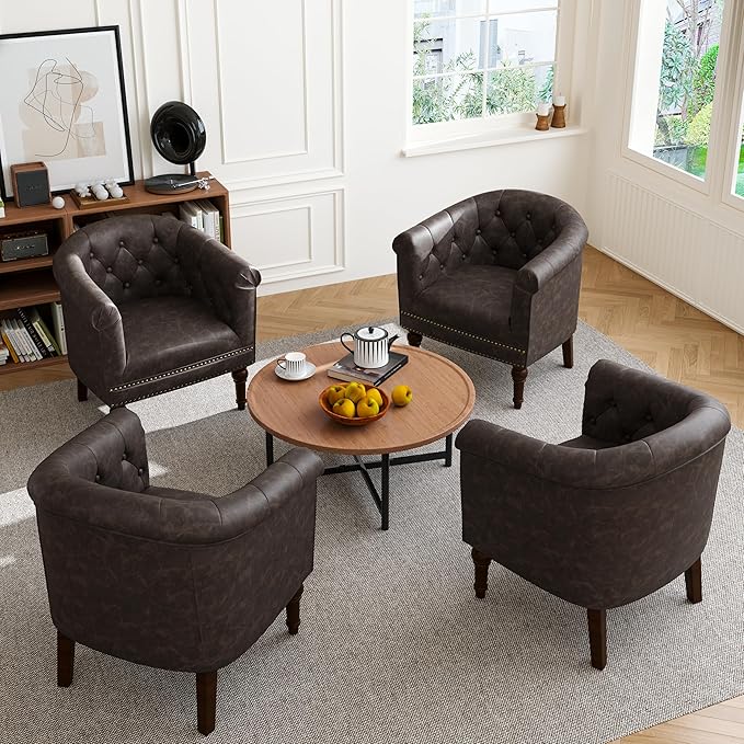 Accent Chair, Upholstered Faux Leather Barrel Chair with Nailed Trim, Comfy Club Armchair for Reading Living Room Bedroom Waiting Room (Chocolate, Set of 1)