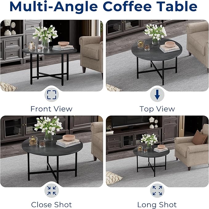 Round Coffee Table, 23.6" Small Coffee Tables for Living Room, Circle Coffee Table with Metal Frame, Floor Table Desk for Sitting on The Floor, Home, Office, Grey