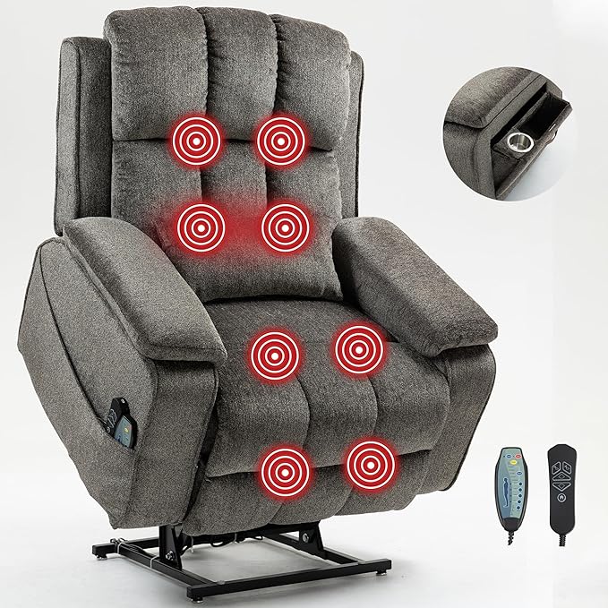 Lift Recliner Chairs for Elderly, Oversized Power Lift Chair with Heat and Massage, 180° Lay Flat Recliner with Extended Footrest, USB & Type-C Ports and Side Storage for Big Man 400lbs Sleeping