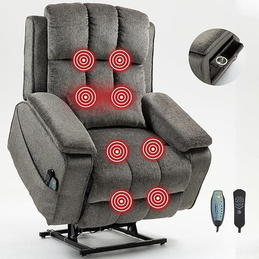 Lift Recliner Chairs for Elderly, Oversized Power Lift Chair with Heat and Massage, 180° Lay Flat Recliner with Extended Footrest, USB & Type-C Ports and Side Storage for Big Man 400lbs Sleeping