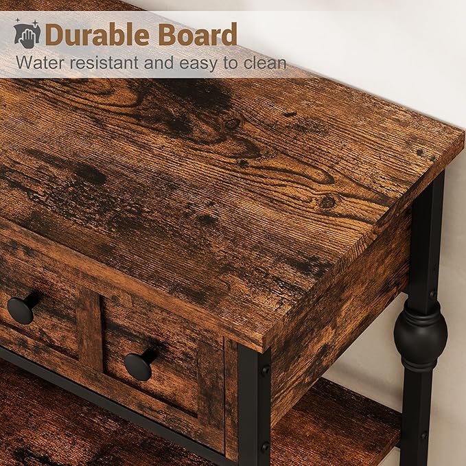 GarveeHome 52" Console Table, Entryway Table with 3 Storage Drawers, 3 Tier Industrial Metal Sofa Table, Behind CouchTable, Hallway Table for Entry, Living Room-Retro Brown