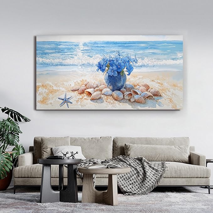 Canvas Wall Art Decor Modern Landscape Wall Art For Living Room Blue Coastal Wall Art Large Artwork for Walls Floral Wall Decor Paintings Art Work For Home Kitchen Office Wall Decor 29" X 58"