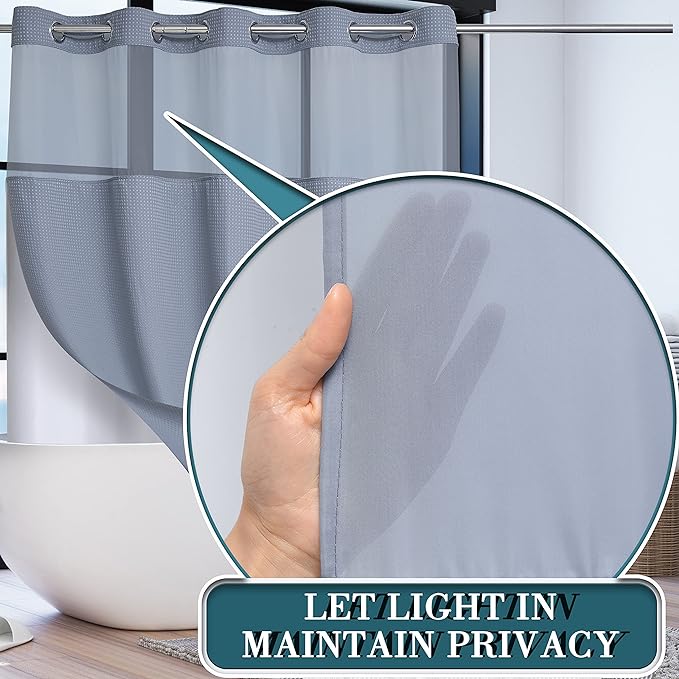 Conbo Mio Extra Long No Hook Waffle Weave Shower Curtain with Snap in Liner Set, Hotel Luxury Grey Shower Curtains for Bathroom with See Through Top Window, Waterproof, Washable 71W x 84H