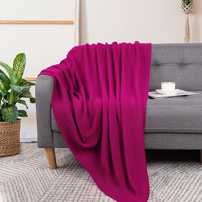 PiccoCasa 100% Cotton Knit Throw Blanket,Solid Lightweight Decorative Throws and Blankets,Soft Knitted Throw Blanket for Sofa Couch, Fuchsia 50" x 60"