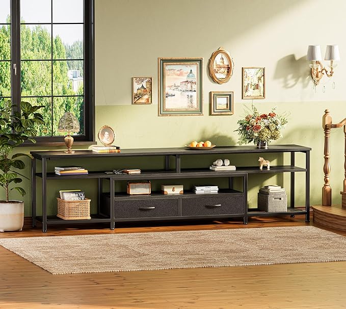 Huuger TV Stand for 75 80 Inch TV, Entertainment Center with Power Outlets and LED Lights, 70.9 Inch TV Console for Living Room, Media Console with Drawers and Shelves, Black