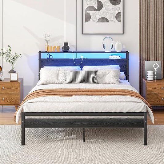 Queen Bed Frame With Storage Headboard/LED Lights, Metal Platform With Charging Station, No Box Spring Needed, Heavy Duty Slats, No Noise, Black