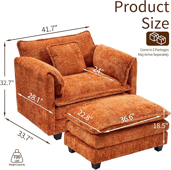 SweetGO corporation 42'' Plush Chaise Lounge Chair Indoor, Single Sofa Accent Chair with Ottoman for Living Room/Bedroom, Modern Couch for Reading