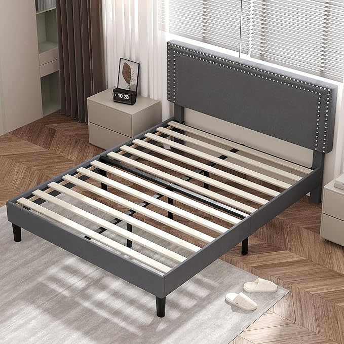VECELO Queen Size Bed Frame with Adjustable Upholstered Headboard, Wooden Slats Platform, Noise-Free Design, Easy Assembly