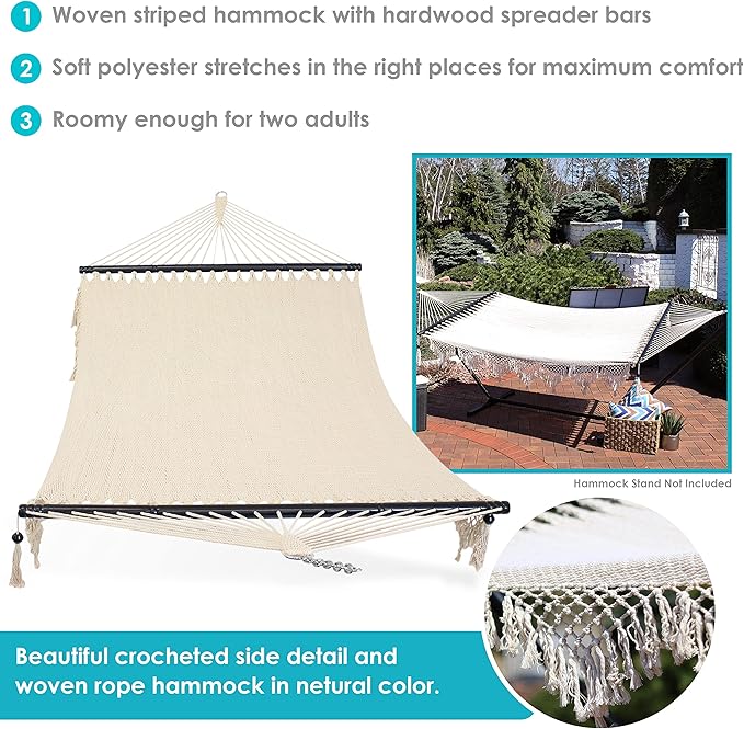 Sunnydaze Woven Double Hammock for Outside with Crocheted Edges and Spreader Bars - 600-Pound Weight Capacity Outdoor Hammock for Trees