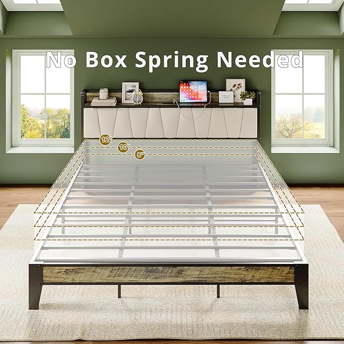 LIKIMIO California King Bed Frame, Storage Headboard with Charging Station, Solid and Stable, Noise Free, No Box Spring Needed, Easy Assembly (Walnut and Beige)
