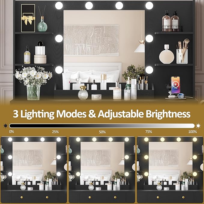 Large Vanity Desk with Mirror and Lights, Makeup Vanity with Mirror and LED Lights, RGB Cabinet & 3 Drawers, Makeup Desk with Storage Shelves, 3 Color Modes Dressing Table for Girls Bedroom, Black