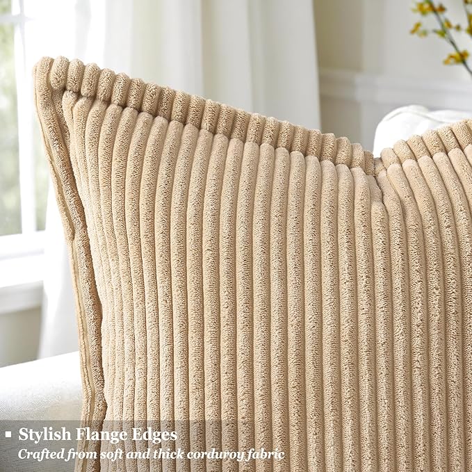 decorUhome Corduroy Light Brown Throw Pillow Covers 24x24 Set of 2 Decorative Soft Boho Striped Neutral Euro Farmhouse Couch Pillow Covers with Broadside for Living Room Bed Sofa