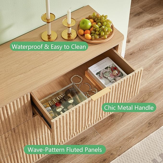 VMU Fluted Dresser for Bedroom with 6 Drawers，55" Modern Wooden Chest of Drawers with Metal Handles, TV Stand with Curved Profile, Closet Clothes Storage Organizer for Living Room, Hallway (Oak)