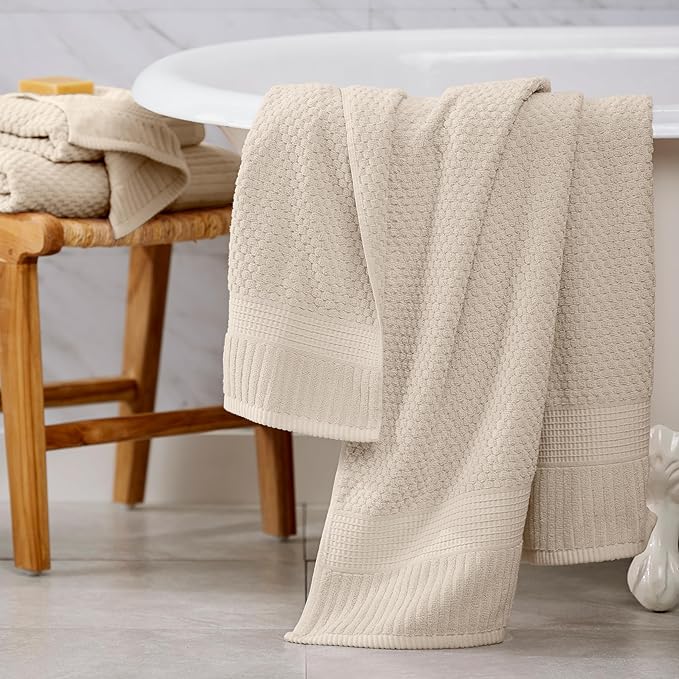 NY Loft 100% Cotton Bath Towel 4 Pack | Super Soft & Absorbent Quick-Dry Bath Towels 30" x 52" | Textured and Durable Cotton | Premium Thick Towels | Trinity Collection (4 Pack Bath Towel, Sand)