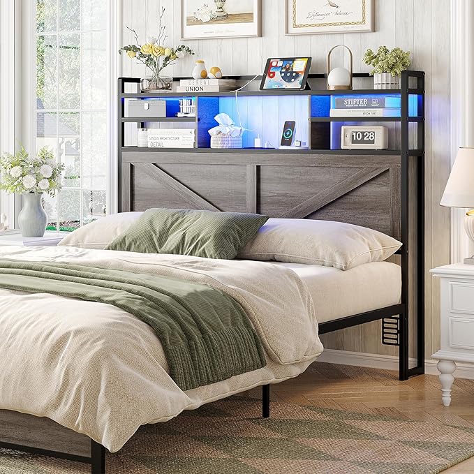 Headboard for Full Size Bed with Storage, Headboards with Power Outlets and RGB LED Light, Sturdy Full Size Headboard, Stable Head Board with Bed Adapter for Bedroom/Dorm/Guest Room