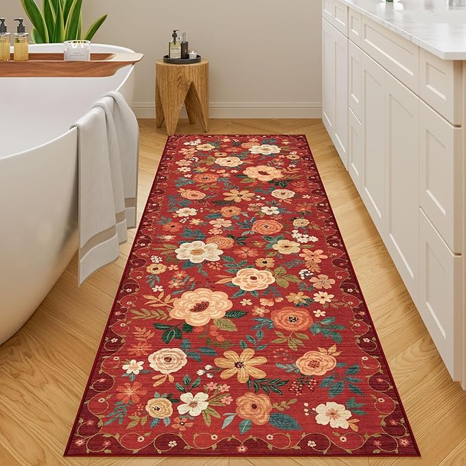 DUKINO 2x6 Runner Rug for Hallway, Washable Kitchen Runner Rug with Non Slip Backing, Low Pile Soft Boho Floral Runner for Kitchen, Hallway, Entryway, Laundry, Bedroom, Red