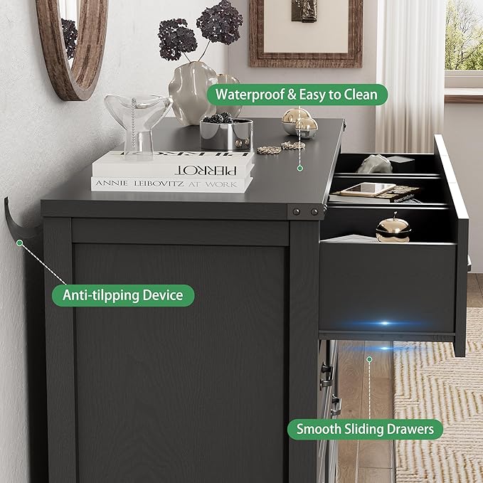 Dresser for Bedroom with 9 Drawers, 59" Wide Wood Chest of Drawers with Deep Drawers & Mental Handle, Modern Dresser TV Stand, Wooden Closet Storage Organizer for Living Room, Hallway, Entryway, Black