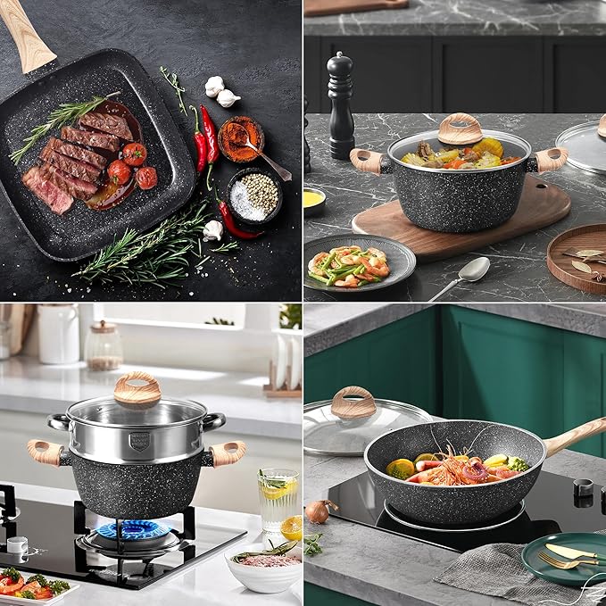 VOTTGO 31 Pcs Pots and Pans Set Non Stick, Black Granite Induction Cookware Set, Non Toxic Healthy RV Kitchen Cooking Set with Silicone Tools and Pot Protectors, PFOA PFOS PFAS Free