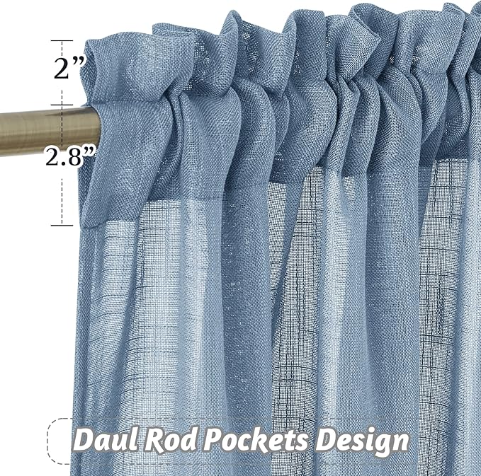 RYB HOME Linen Curtains 90 inches Long Super Soft Light & Privacy Rod Pocket Sheers for Living Room Bedroom Patio Door Backdrop Window Decor, Blue Haze, W 52 x L 90 inches, 2 Panels