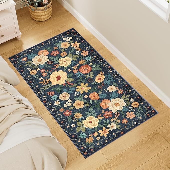 DUKINO 2x4 Rug for Entryway, Washable Kitchen Floral Runner Rug with Non Slip Backing, Low Pile Soft Boho Carpet for Kitchen, Hallway, Entryway, Laundry, Bedroom, Navy Blue