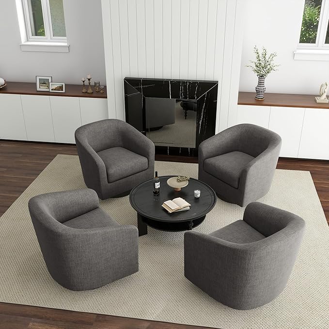 UIXE 360° Swivel Barrel Accent Chair Armchair, Round Club Arm Chair in Fabric for Lving Room, Modern Upholstered Small Bedroom Single Sofa Seat - Gray, Set of 4