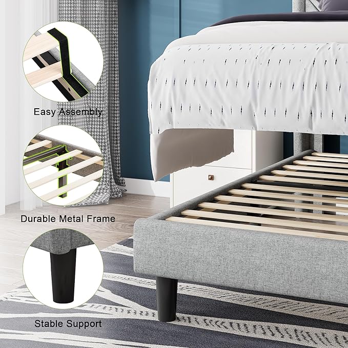 Feonase Twin Bed Frames, Upholstered Bed Frame with Charging Station, Wingback Storage Headboard, No Box Spring Needed, Noise-Free, Light Gray