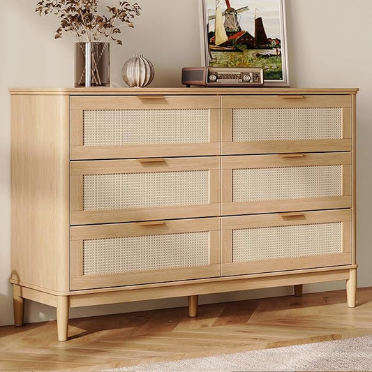 LINSY HOME Rattan Dresser for Bedroom with 6 Drawers, 47" Wide Chest of Drawers, Mid Century Modern Dresser TV Stand with Metal Handle, Wood Closet Storage Cabinet for Living Room, Hallway, Oak