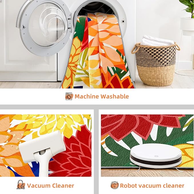 Indoor Outdoor Area Rug Washable Rugs Multicolored Patio Rug Tropical Botanical Modern Floral Indoor Outdoor Carpet Non-Slip for RV, Pool Deck, Backyard, Porch (9x12)