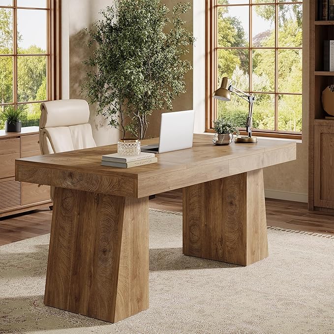 Tribesigns 55" Executive Desk, Wooden Office Desk with Double Pedestal, Modern Simple Computer Writing Table for Home Office, Light Brown