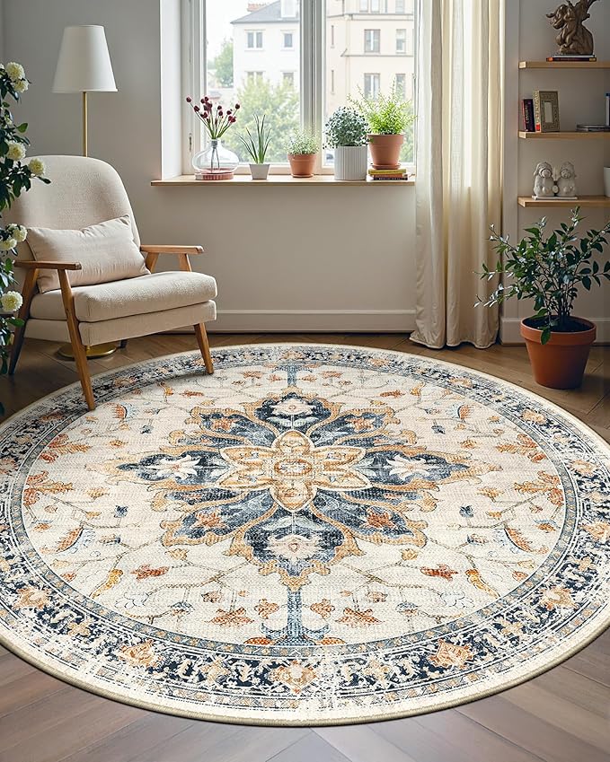 Area Rugs 4ft Washable Non-Slip, Floral Vintage Distress Print Pattern Medallion Carpet for Living Room Bedroom Dining Room, Beige Navy Blue Orange Colorful