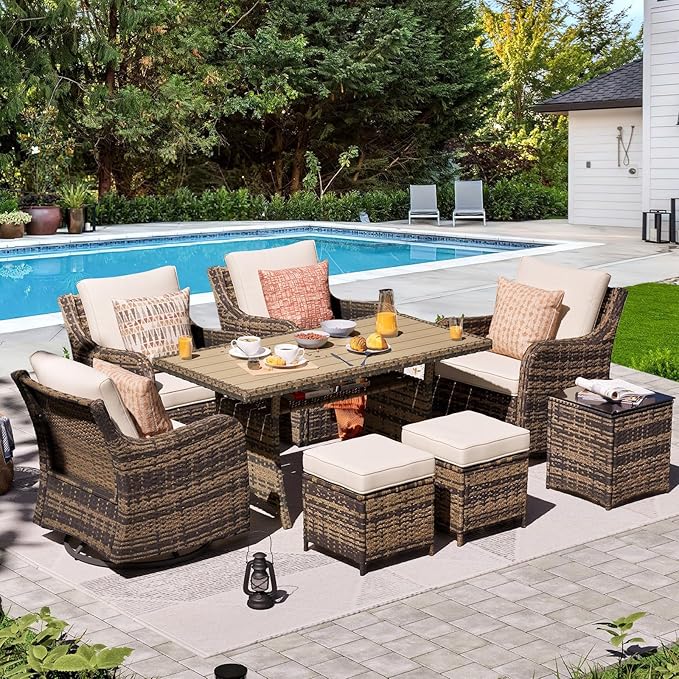 Outdoor Patio Furniture Set with Swivel Chairs, 8 Pieces Wicker Patio Conversation Set, Outdoor Patio Set with 2 Swivel Rocking Chair & 2 Single Chair, 2 Ottomans and Dining Table (Brown)