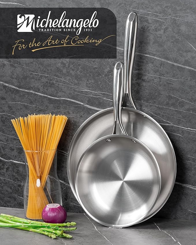MICHELANGELO Stainless Steel Frying Pan Set, 8" 10" Cooking Pan set with Triply Base, Stainless Steel Skillet with Ergonomic Handle, Induction Compatible