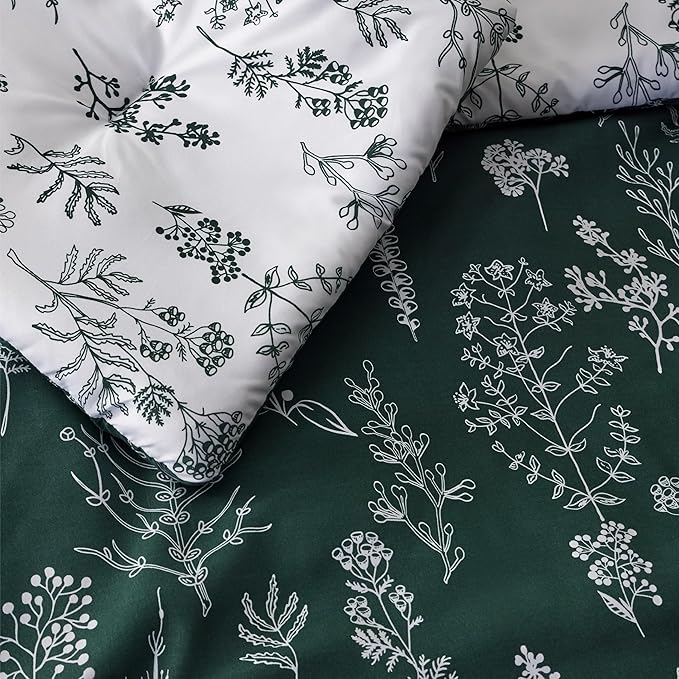 Bedsure Queen Comforter Set - Emerald Bed Set, 3 Pieces Cute Floral Bedding, 1 Soft Reversible Botanical Flowers Comforter and 2 Pillow Shams